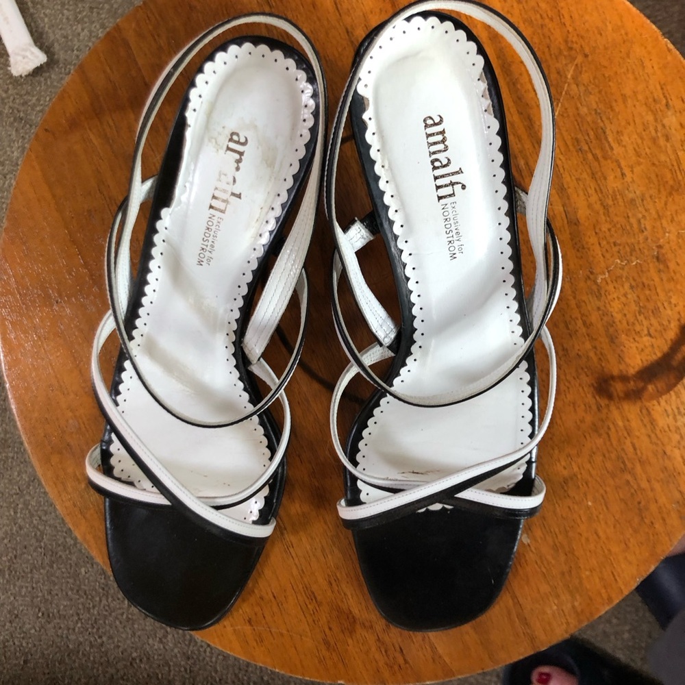 Darling black and white dressy sling back heels, Amalfi